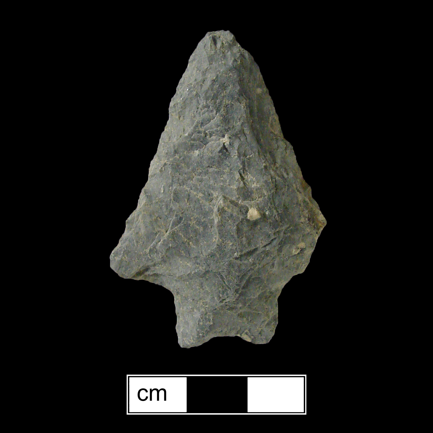 Image of stone projectile point made of Rhyolite, Bifurcate shape, with a Straight stem, Straight blade, and Bifurcate base shape. Stanly type.