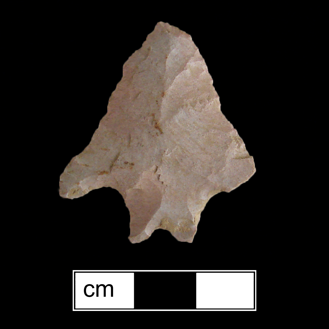 Image of stone projectile point made of Rhyolite, Bifurcate shape, with a Straight stem, Straight blade, and Bifurcate base shape. Stanly type.
