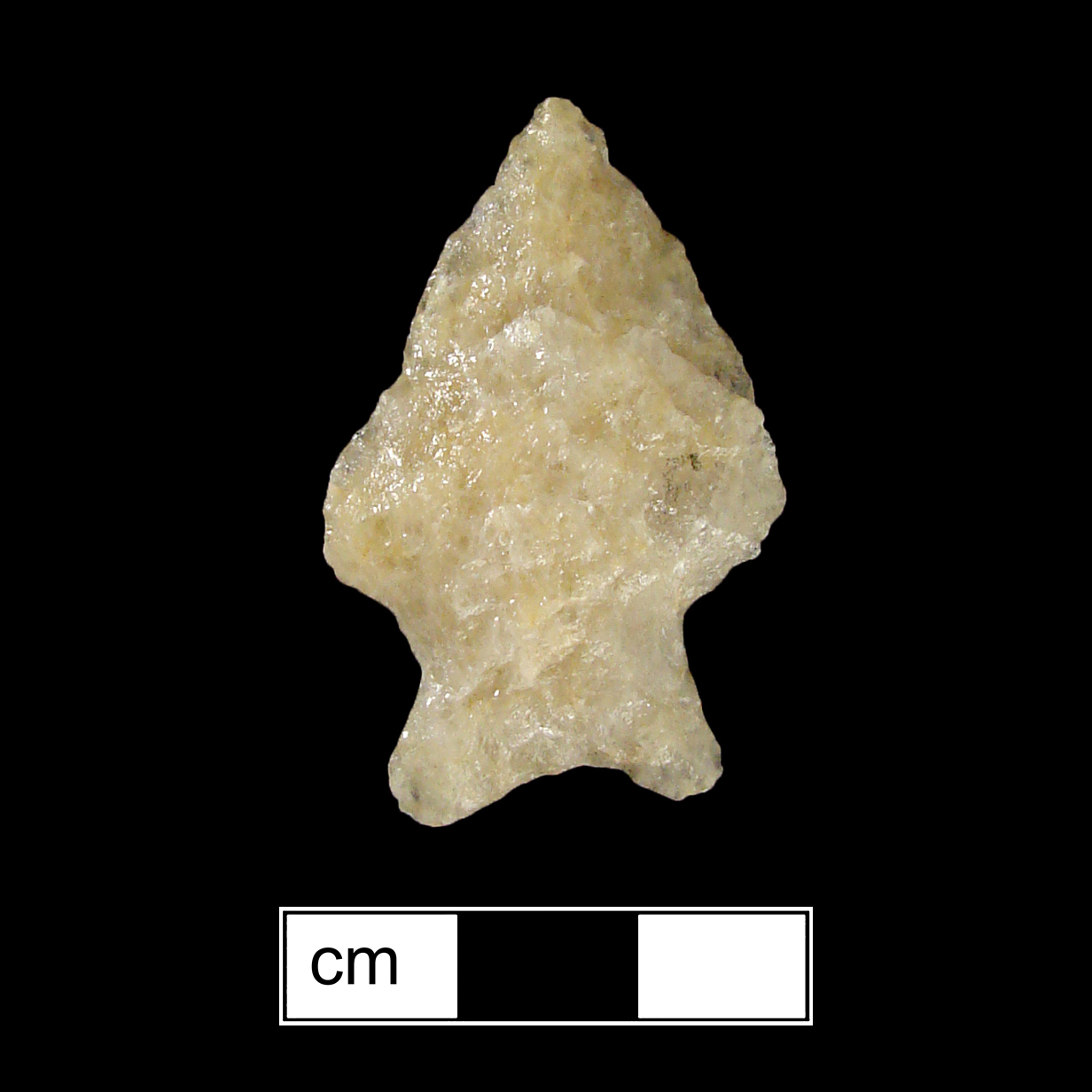 Image of stone projectile point made of Quartz, Stemmed shape, with a Expanding stem, Straight blade, and Concave base shape. Susquehanna Broadspear type.