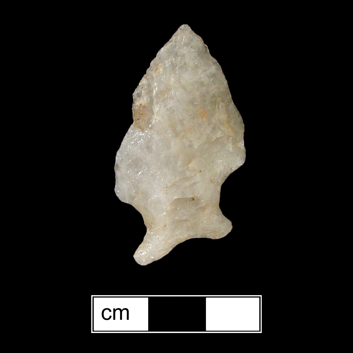 Image of stone projectile point made of Quartz, Stemmed shape, with a Expanding stem, Excurvate blade, and Concave base shape. Susquehanna Broadspear type.