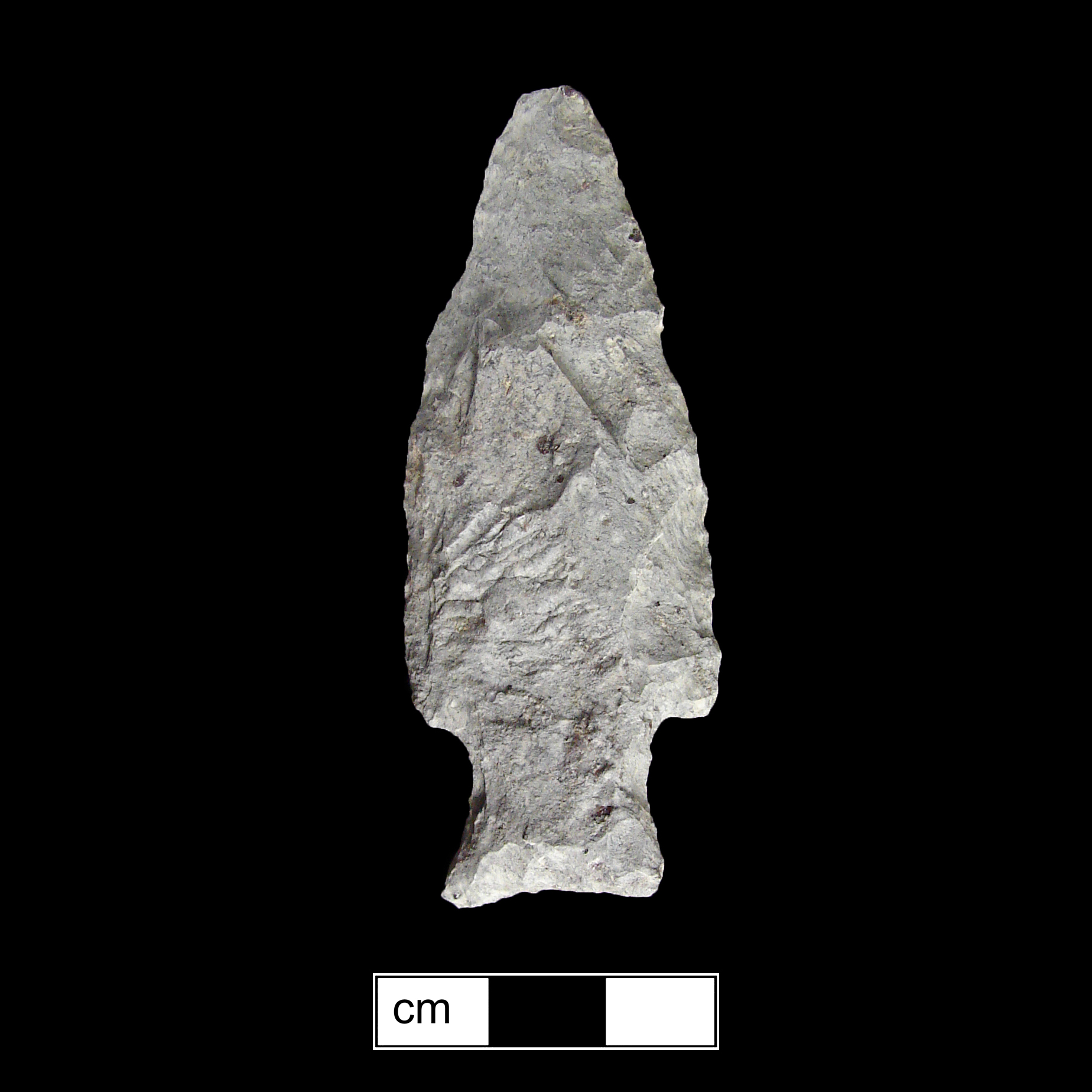 Image of stone projectile point made of Rhyolite, Stemmed shape, with a Expanding stem, Excurvate blade, and Concave base shape. Susquehanna Broadspear type.