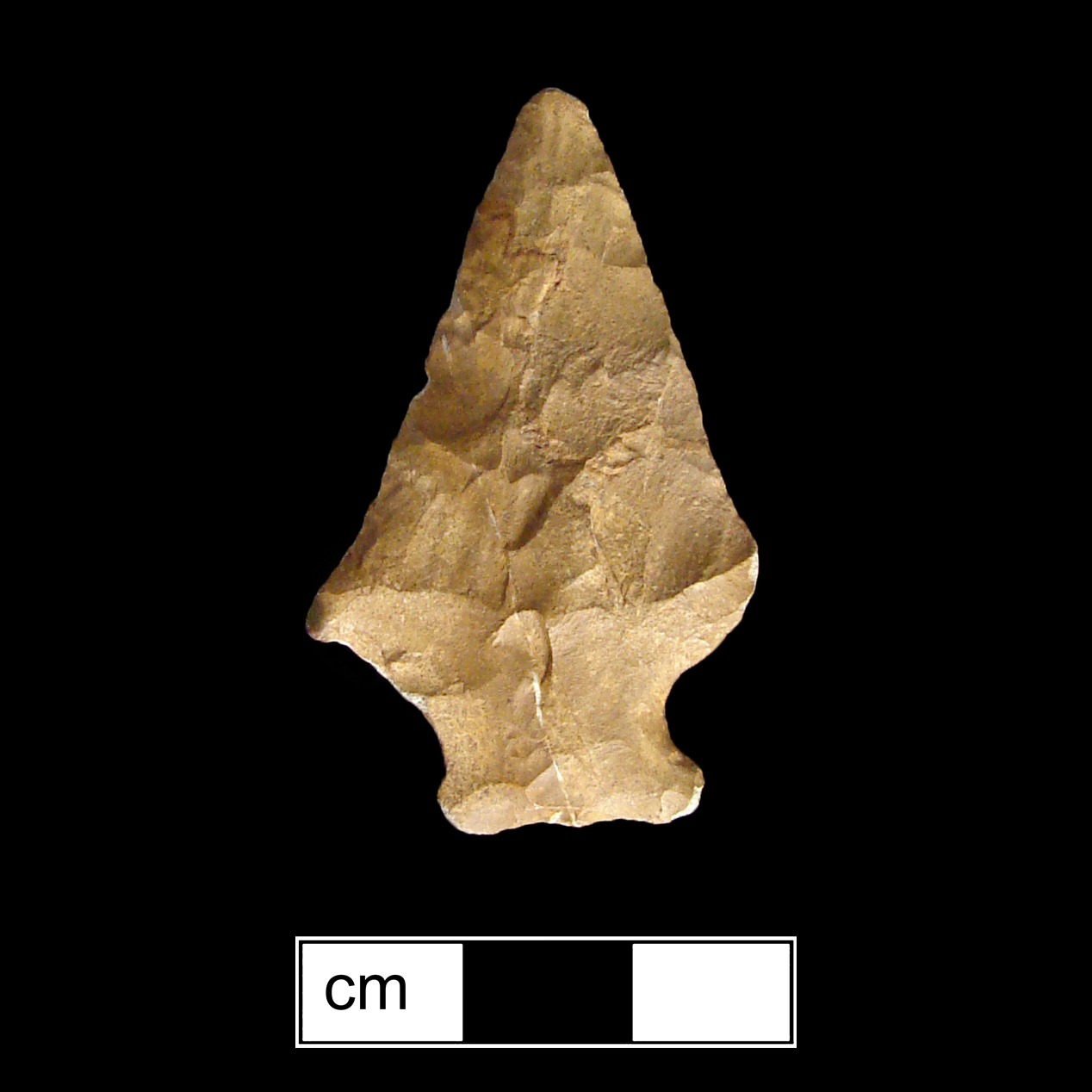 Image of stone projectile point made of Jasper, Stemmed shape, with a Expanding stem, Straight blade, and Straight base shape. Susquehanna Broadspear type.