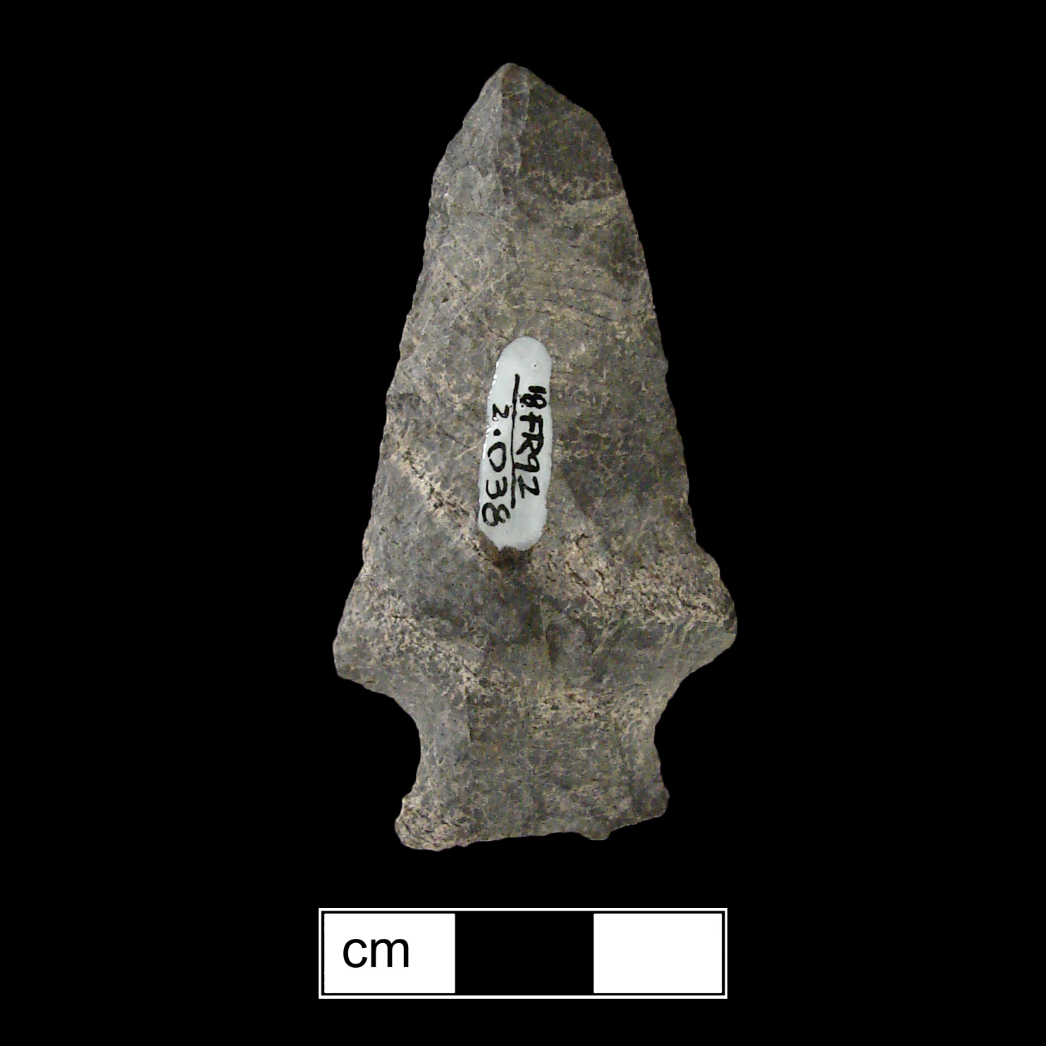 Image of stone projectile point made of Rhyolite, Stemmed shape, with a Expanding stem, Straight blade, and Straight base shape. Susquehanna Broadspear type.