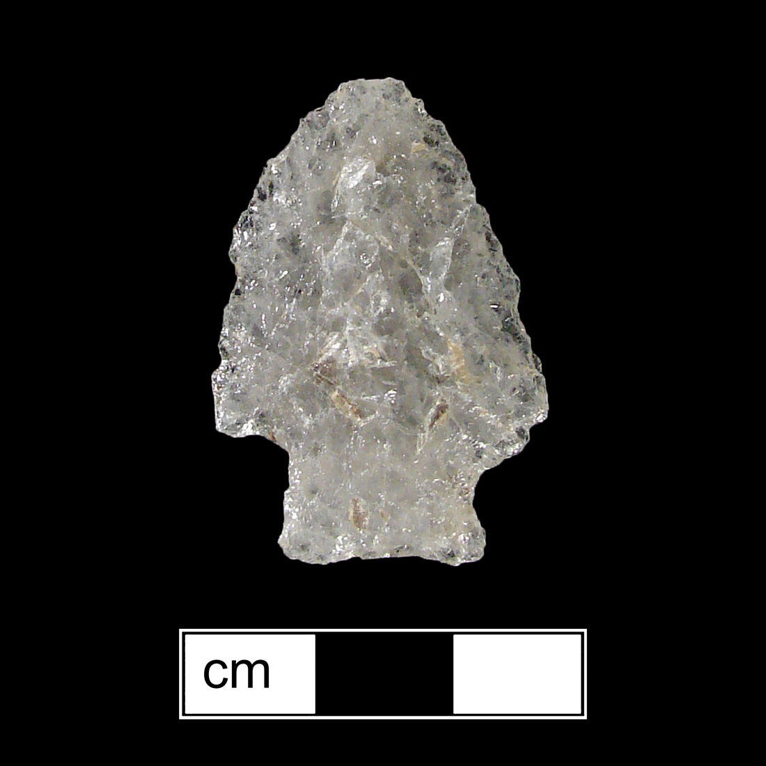 Image of stone projectile point made of Quartz, Stemmed shape, with a Expanding stem, Excurvate blade, and Straight base shape. Vernon type.