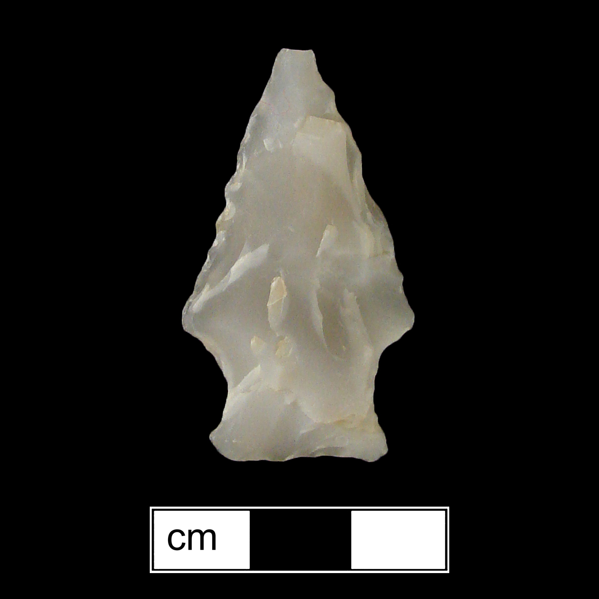 Image of stone projectile point made of Mylonite, Stemmed shape, with a Expanding stem, Straight blade, and Straight base shape. Vernon type.