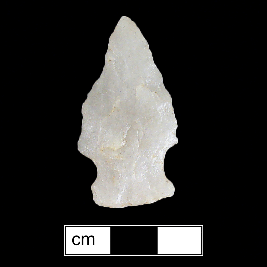 Image of stone projectile point made of Quartz, Stemmed shape, with a Expanding stem, Straight blade, and Straight base shape. Vernon type.
