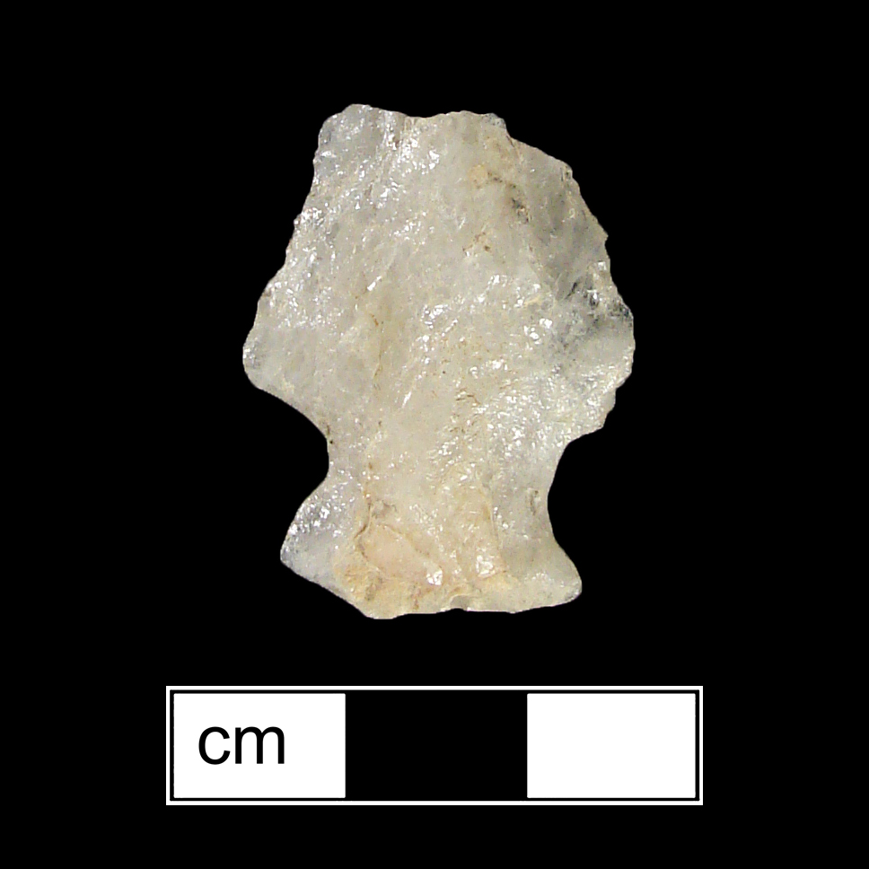 Image of stone projectile point made of Quartz, Stemmed shape, with a Expanding stem, N/A blade, and Straight base shape. Vernon type.
