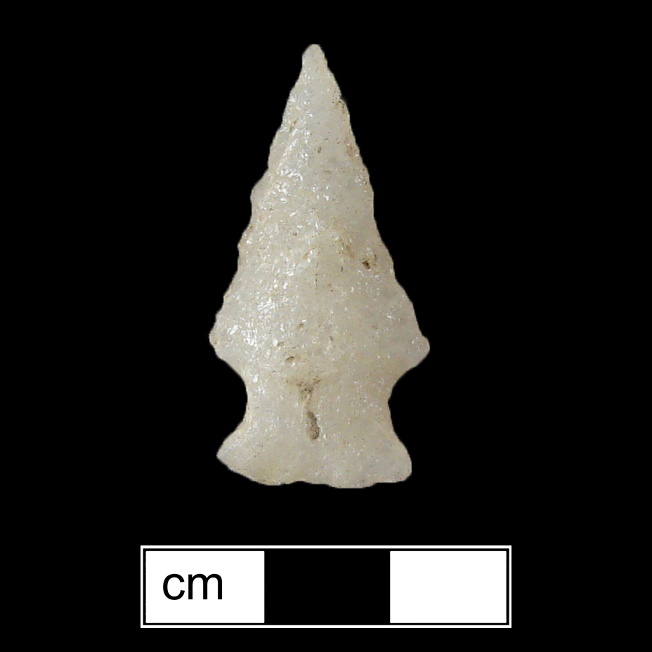 Image of stone projectile point made of Quartz, Stemmed shape, with a Expanding stem, Straight blade, and Straight base shape. Vernon type.
