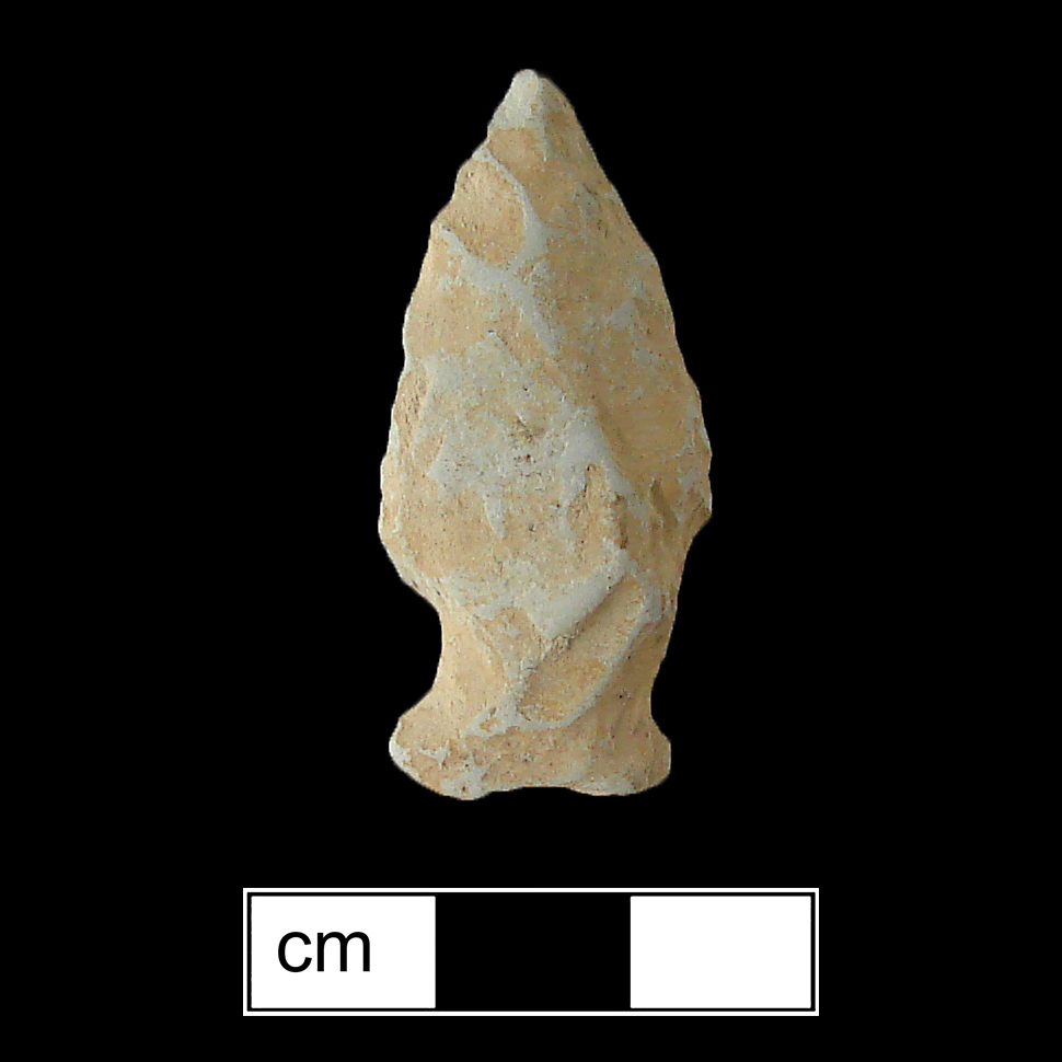 Image of stone projectile point made of Argillite, Stemmed shape, with a Expanding stem, Excurvate blade, and Concave base shape. Vernon type.