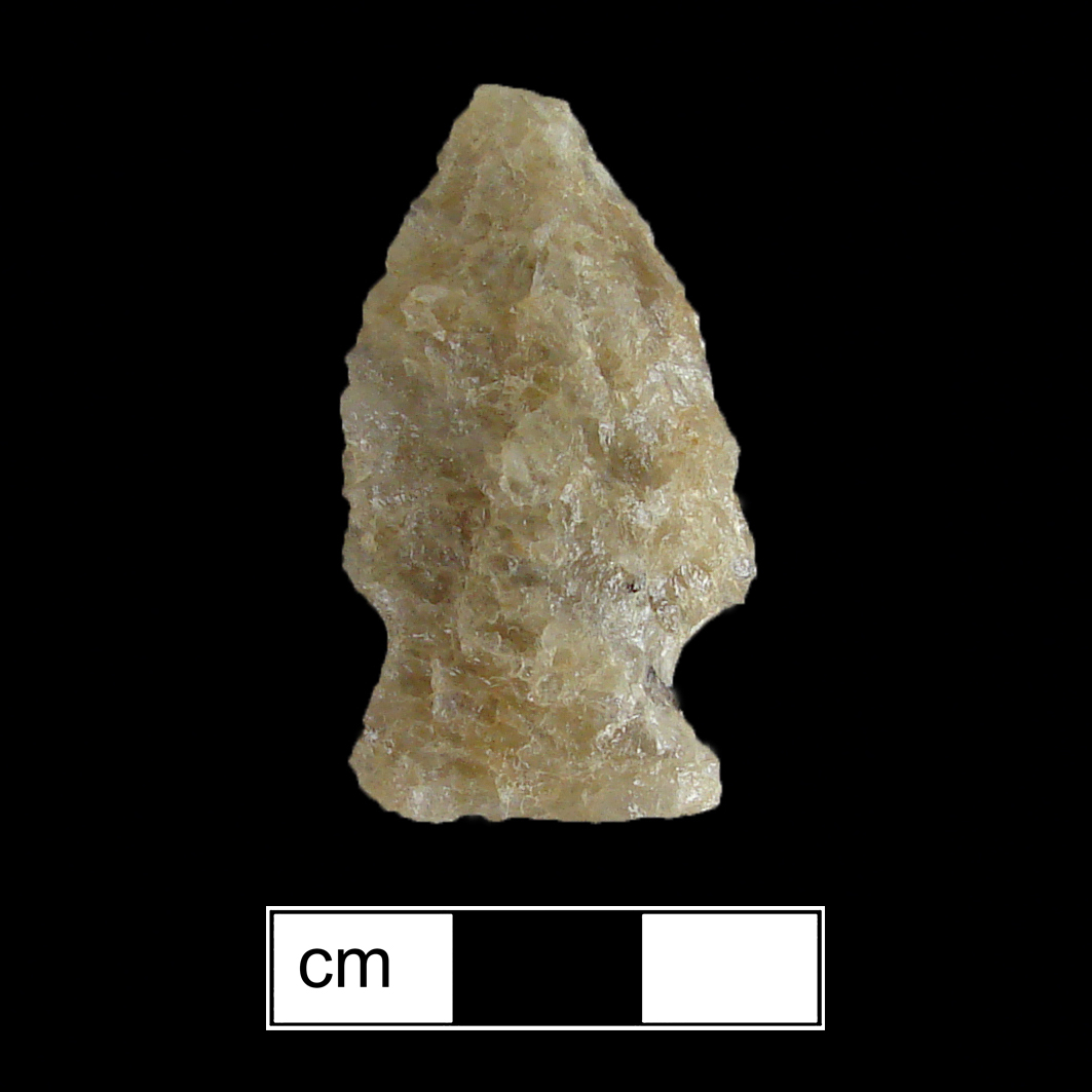 Image of stone projectile point made of Quartz, Stemmed shape, with a Expanding stem, Excurvate blade, and Straight base shape. Vernon type.