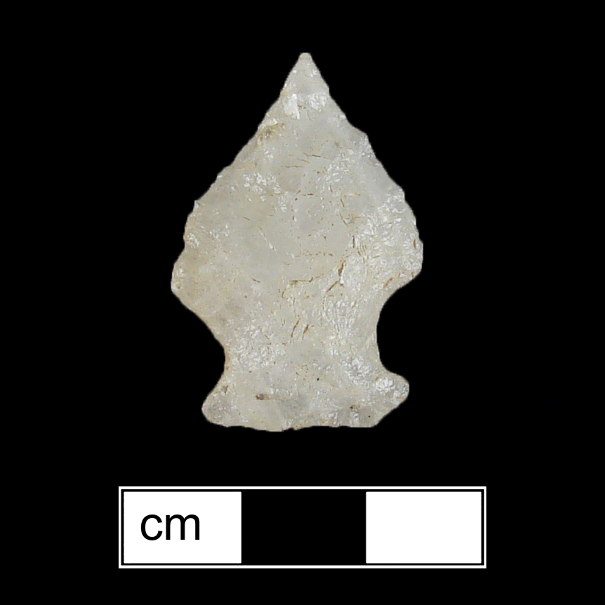 Image of stone projectile point made of Quartz, Stemmed shape, with a Expanding stem, Straight blade, and Straight base shape. Vernon type.