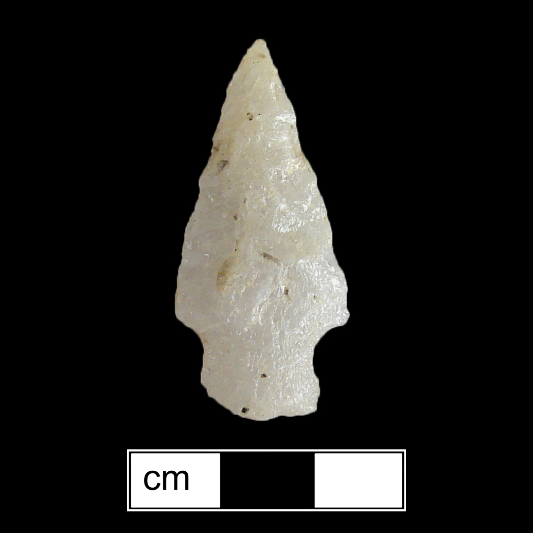 Image of stone projectile point made of Quartz, Stemmed shape, with a Straight stem, Straight blade, and Straight base shape. Vernon type.
