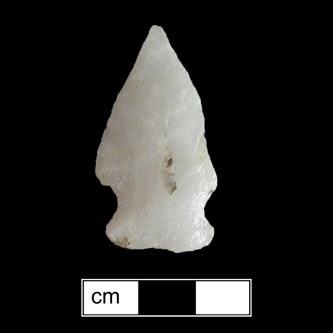 Image of stone projectile point made of Quartz, Stemmed shape, with a Expanding stem, Excurvate blade, and Straight base shape. Vernon type.