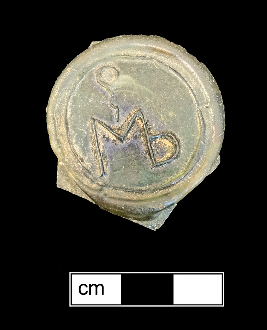 Image of colored glass bottle seal, Names or Initials.