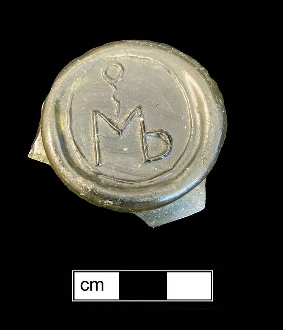 Image of colored glass bottle seal, Names or Initials.