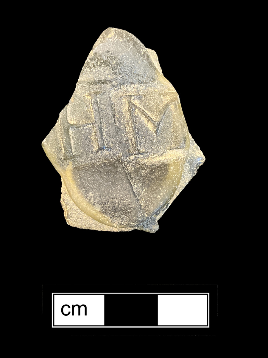 Image of colored glass bottle seal, Names or Initials.