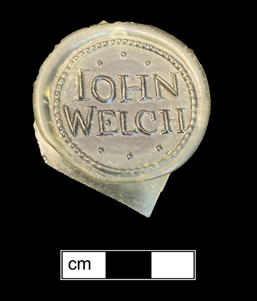 Image of colored glass bottle seal, Names or Initials.