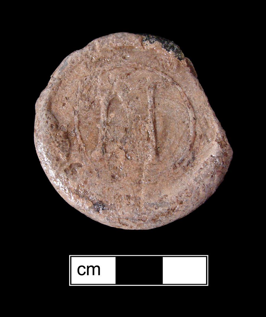Image of colored glass bottle seal, Names or Initials.