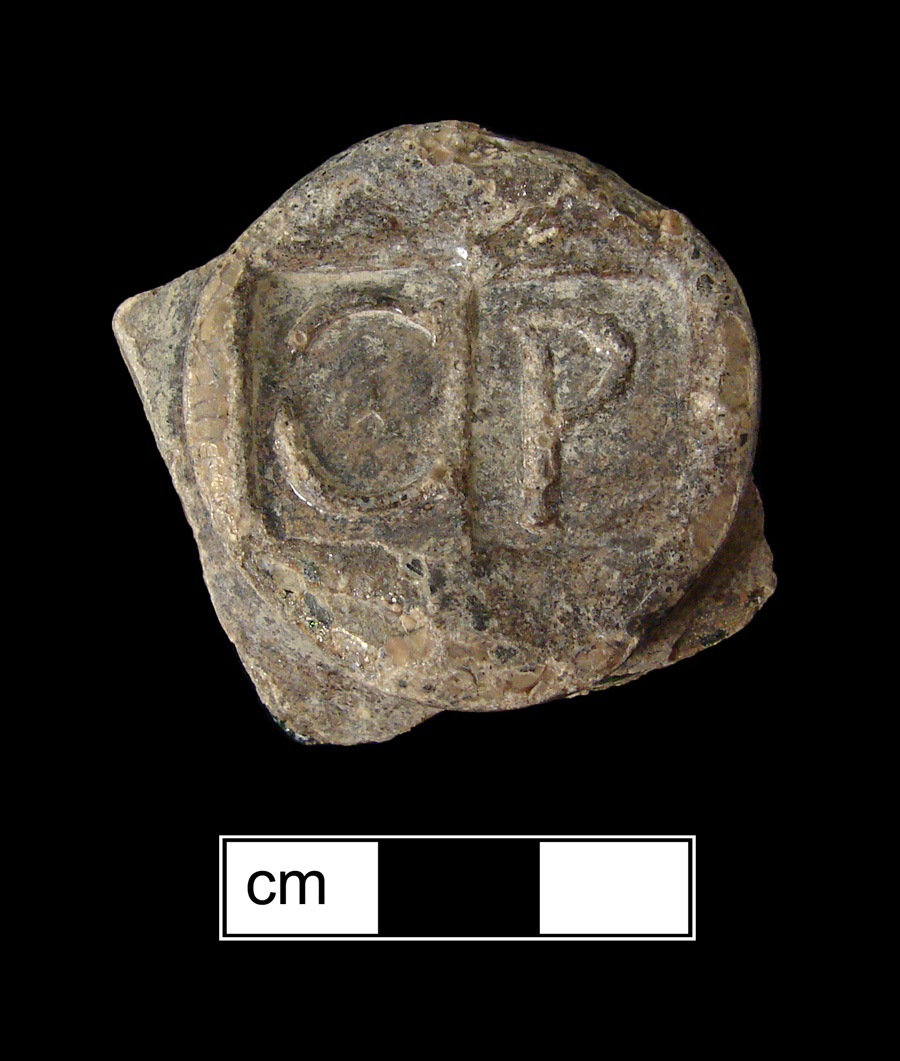 Image of colored glass bottle seal, Names or Initials.
