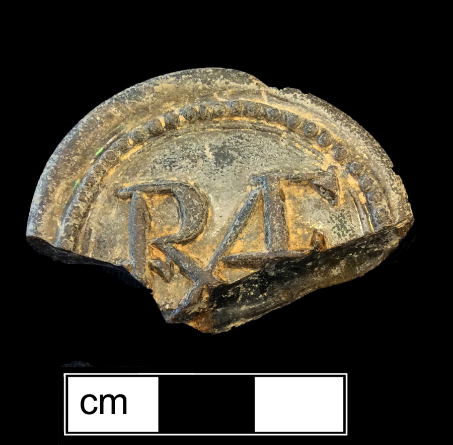 Image of colored glass bottle seal, Names or Initials.