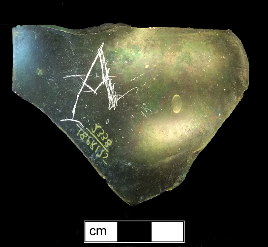 Image of colored glass bottle seal, Names or Initials.