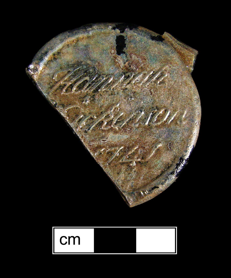 Image of colored glass bottle seal, Names or Initials.
