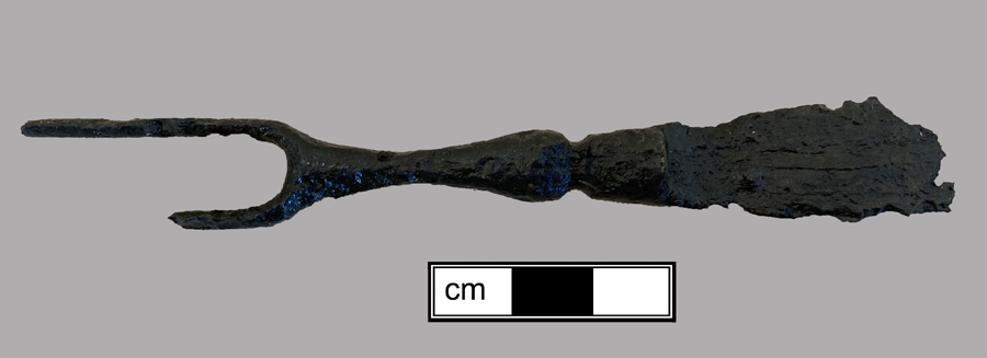 Image of iron fork, scale tang, two-tined fork.