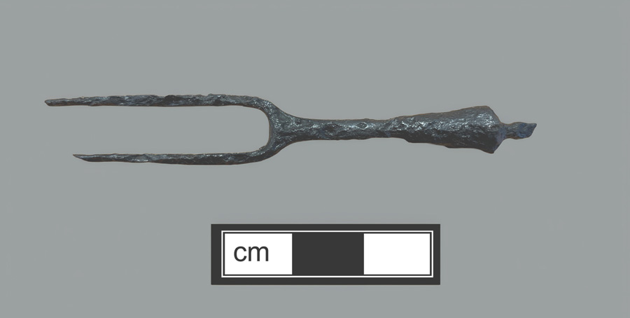 Image of iron fork, two-tined fork, knock-on or pin tang.