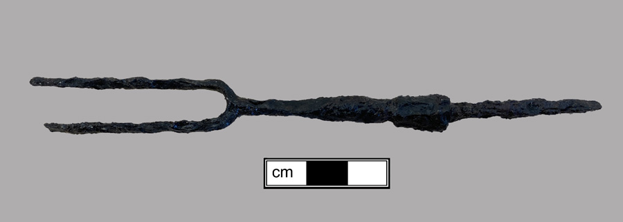 Image of iron fork, two-tined fork, knock-on or pin tang.