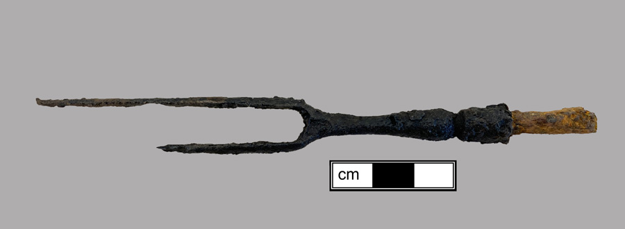 Image of iron fork, two-tined fork, knock-on or pin tang.