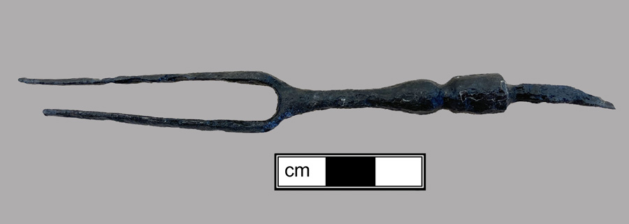 Image of iron fork, two-tined fork, knock-on or pin tang.