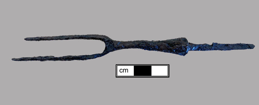 Image of iron fork, two-tined fork, knock-on or pin tang.