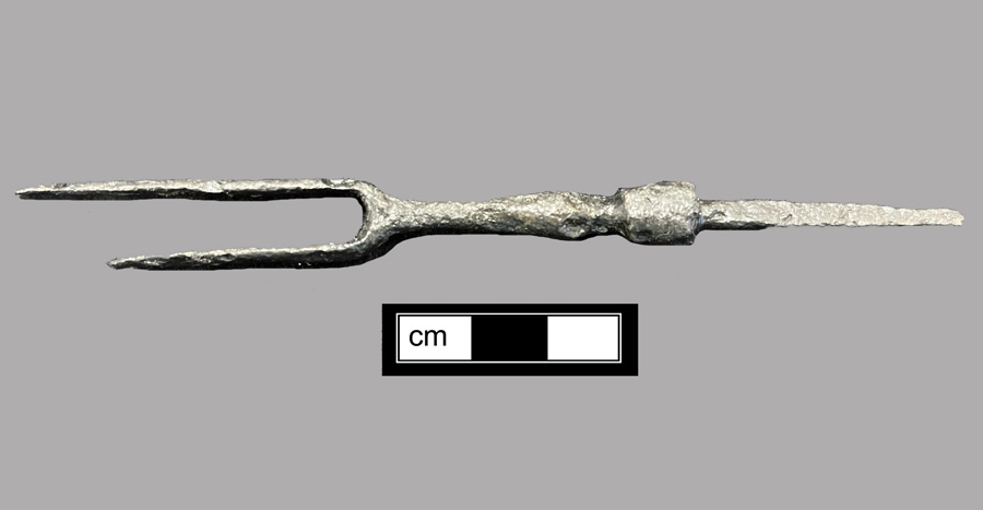 Image of iron fork, two-tined fork, knock-on or pin tang.