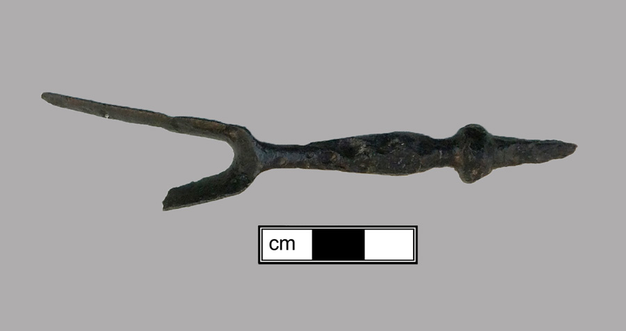 Image of iron fork, two-tined fork, knock-on or pin tang.