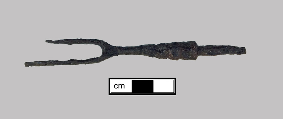 Image of iron fork, two-tined fork, knock-on or pin tang.