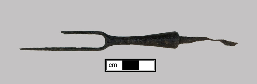 Image of iron fork, two-tined fork, knock-on or pin tang.