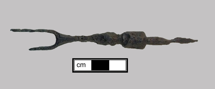 Image of iron fork, two-tined fork, knock-on or pin tang.