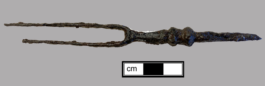 Image of iron fork, two-tined fork, knock-on or pin tang.