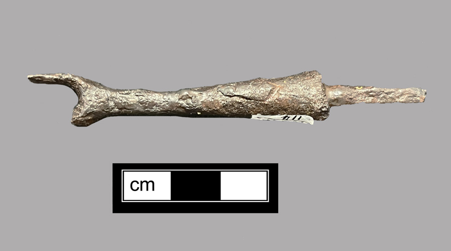 Image of iron fork, two-tined fork, knock-on or pin tang.