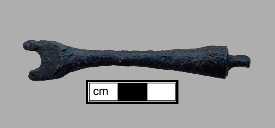 Image of iron fork, two-tined fork, knock-on or pin tang.