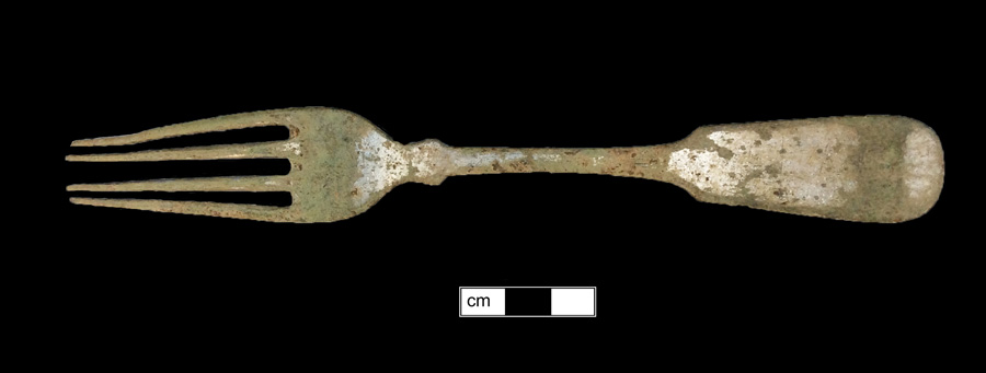 Image of copper alloy fork, four-tined fork.