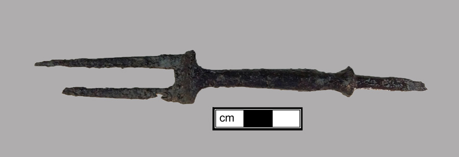 Image of iron fork, two-tined fork, knock-on or pin tang.