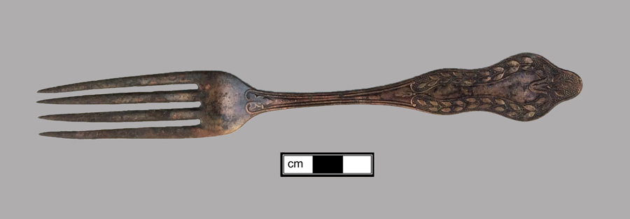 Image of copper alloy fork, four-tined fork.