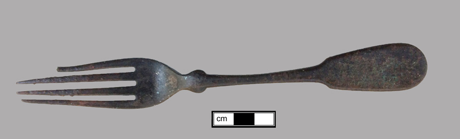 Image of copper alloy fork, four-tined fork.