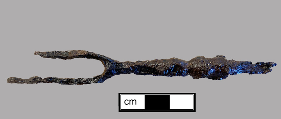 Image of iron fork, two-tined fork, knock-on or pin tang.