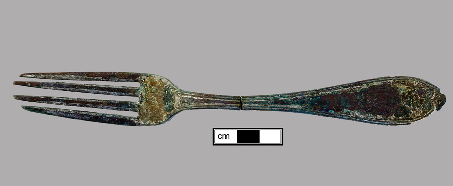 Image of copper alloy fork, four-tined fork.