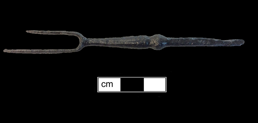 Image of iron fork, two-tined fork, knock-on or pin tang.