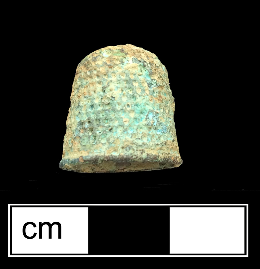 Image of copper alloy thimble, deep drawn, dotted knurlings, waffle crown knurlings.