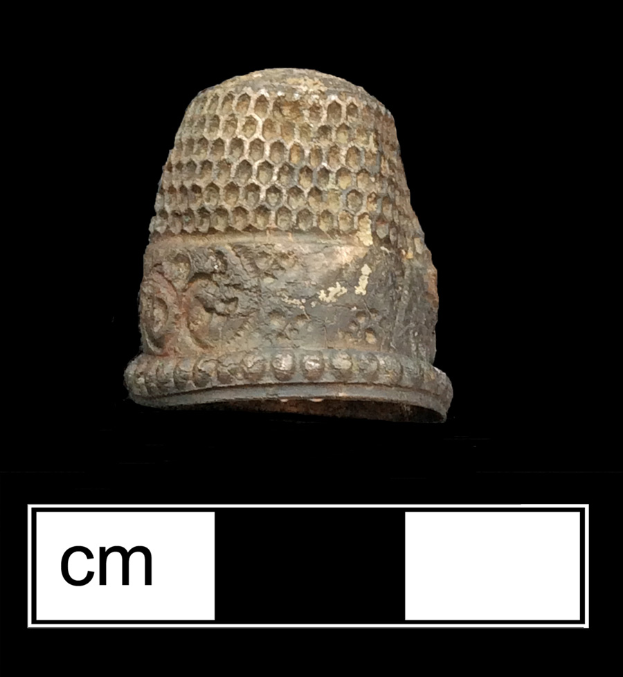 Image of copper alloy thimble, deep drawn, hexagonal knurlings, 20th century.