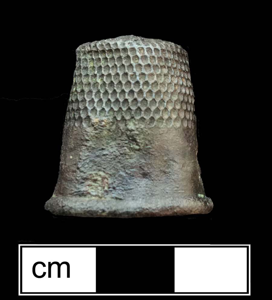 Image of copper alloy thimble, deep drawn, dotted knurlings, 20th century.